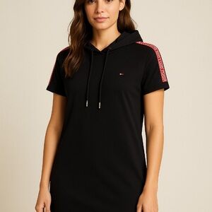 Tommy Hilfiger Black Hoodie T-Shirt Dress with Logo Tape – Size XL